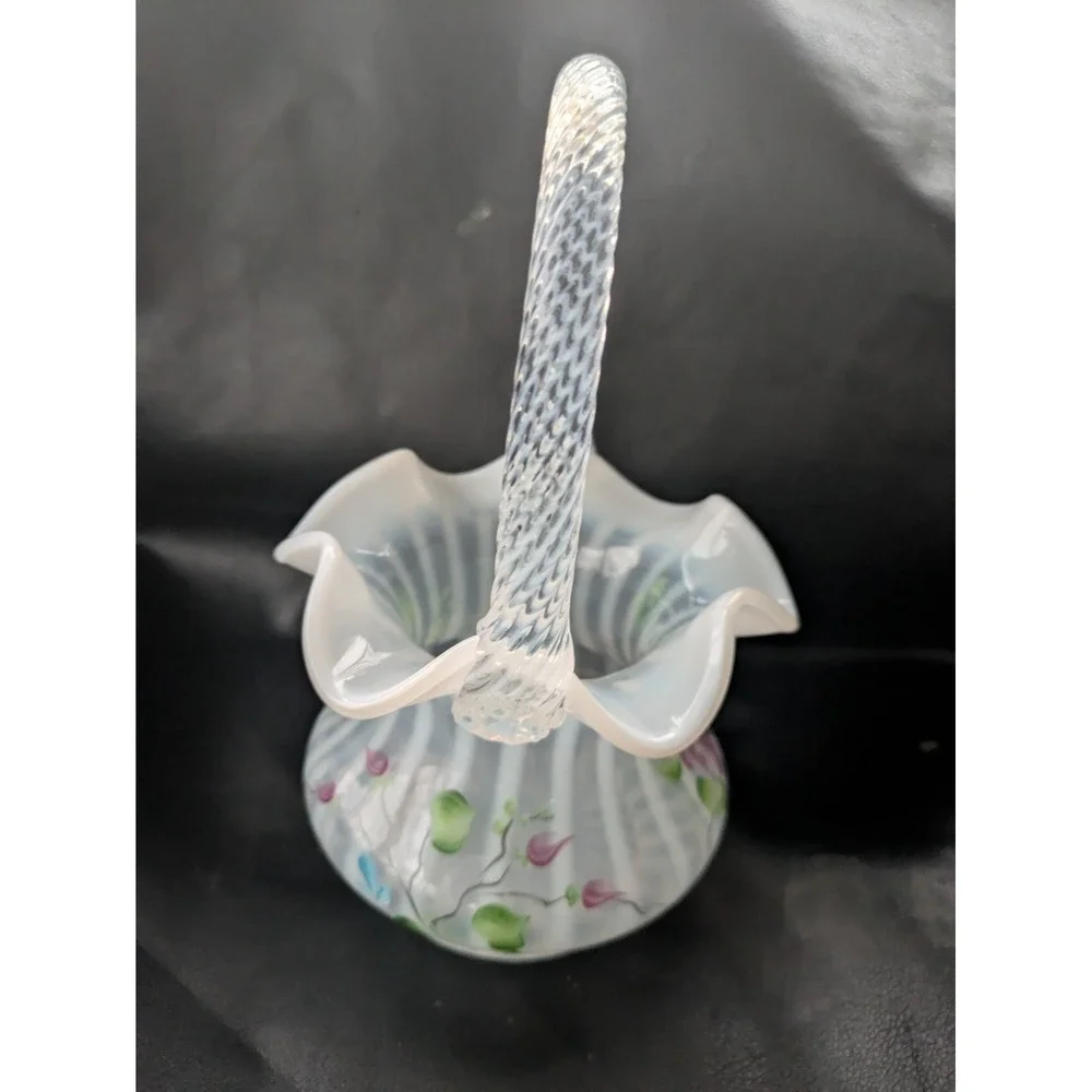 Fenton Basket French Opalescent Cottage Roses Hand Painted J D Davis 8 Inch